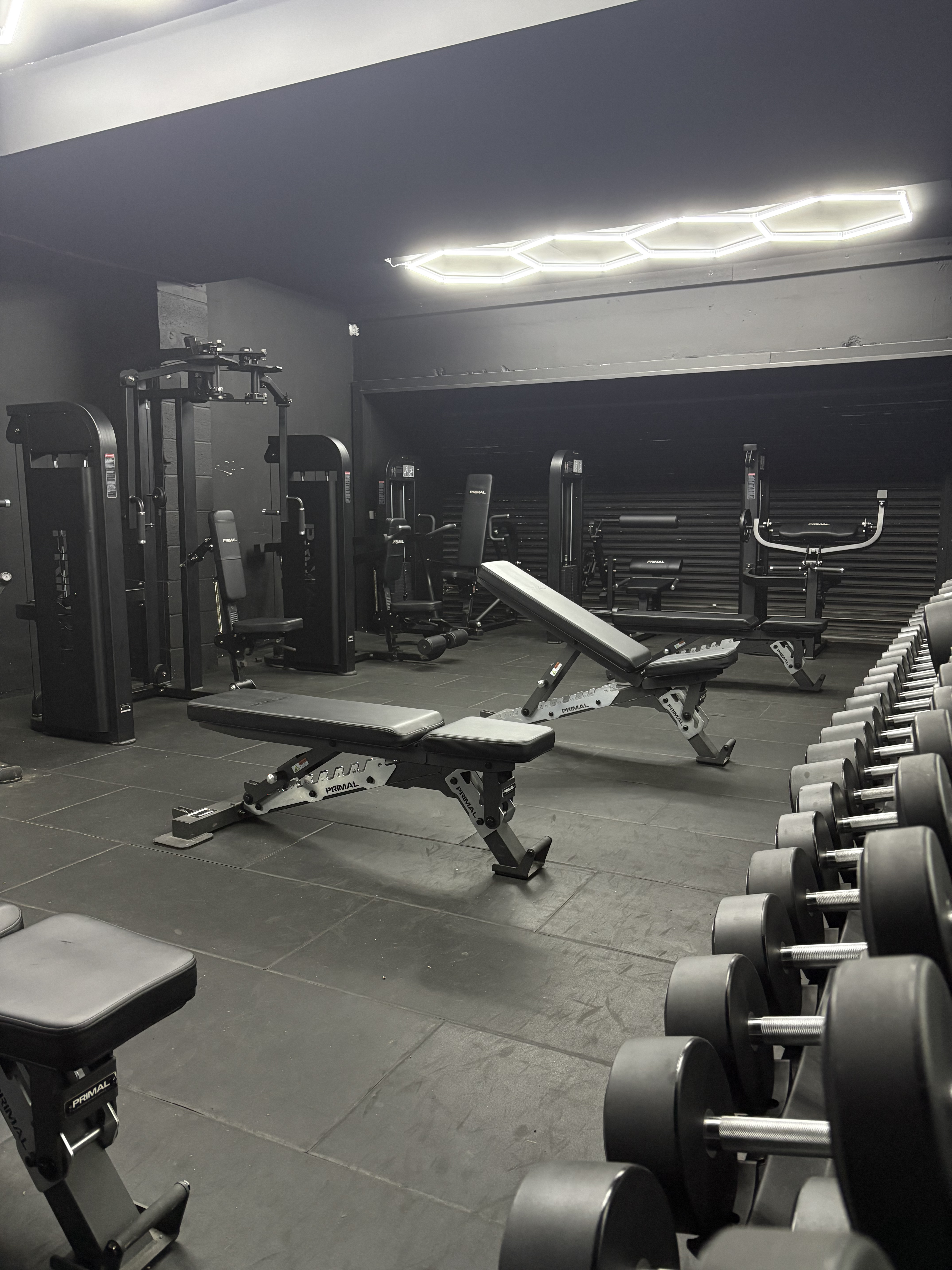 Bench press stations and machines on the gym floor